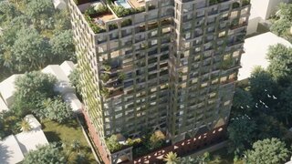 a "Dron View" render of the residential building under construction by Rockstone Ethiopia